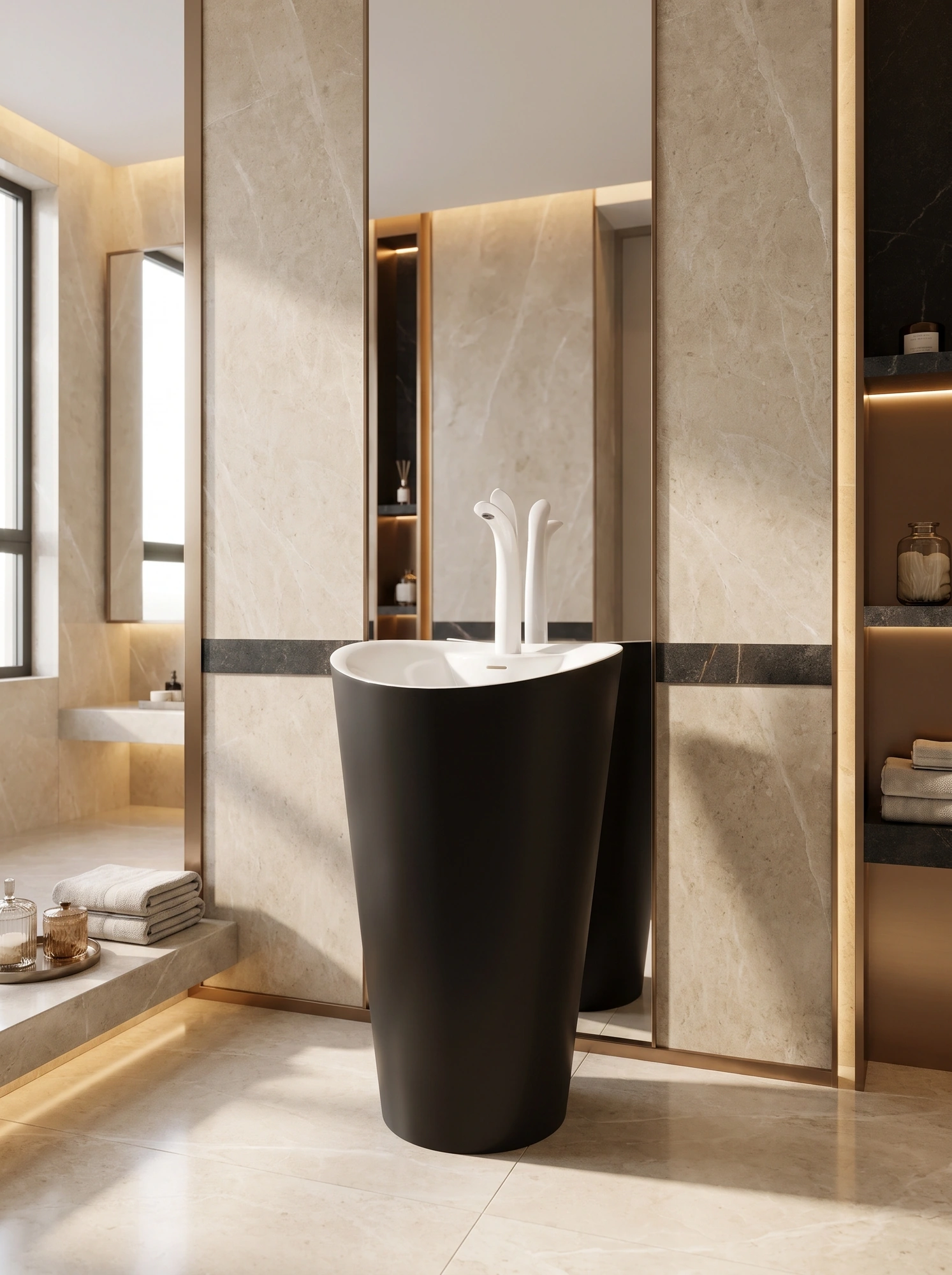 High Stone Cono Granite Bathroom Sink – Black Finish, 82 x 47 cm – Includes Faucet Hole and Mounting Kit
