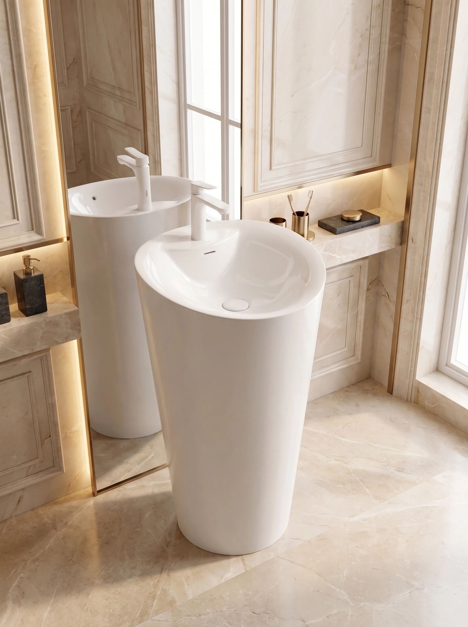 High Stone Cono White Granite Bathroom Sink, 82 x 47 cm, with Faucet Hole and Mounting Kit