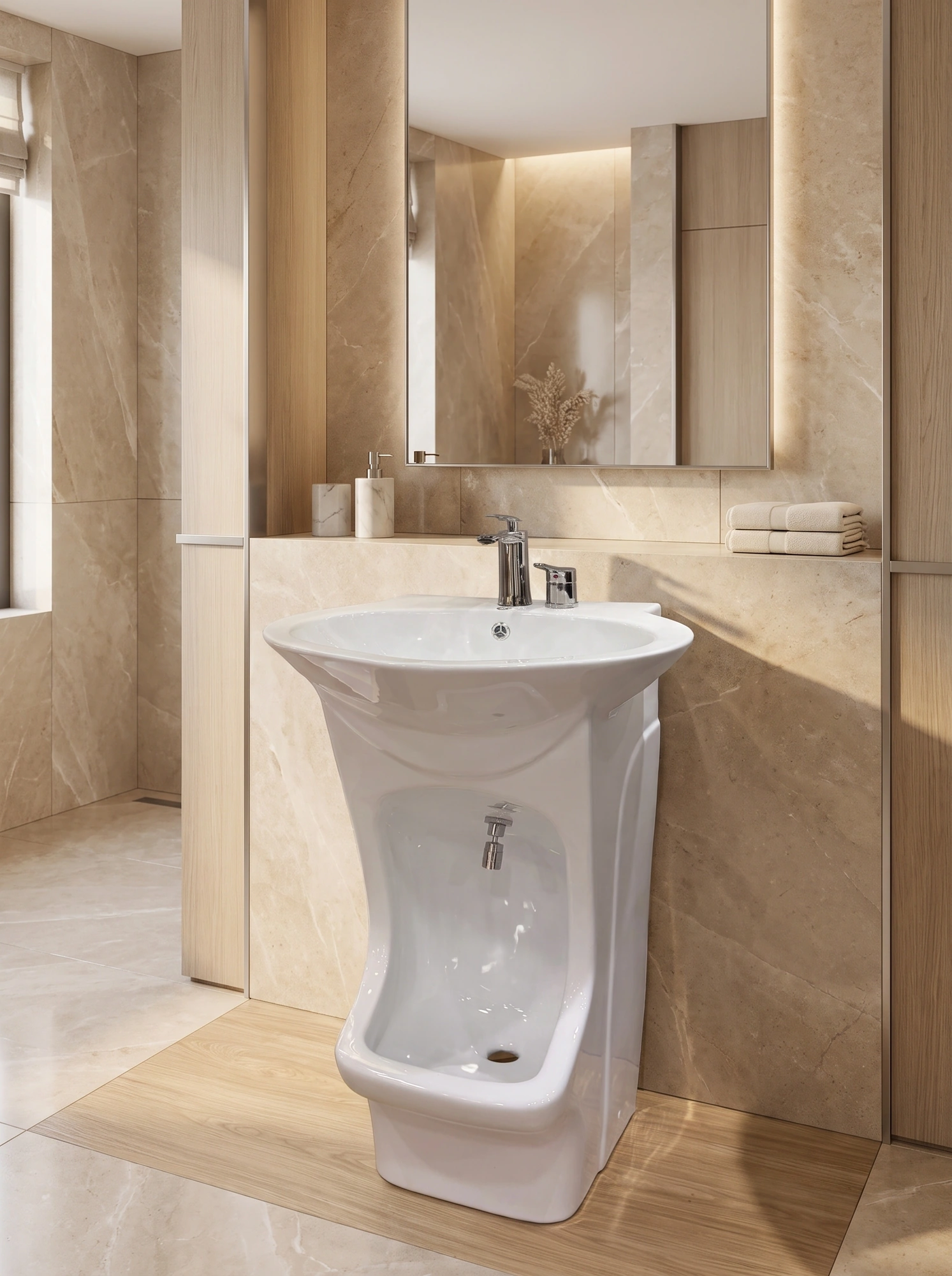 Wudu washing basin with two mixers.