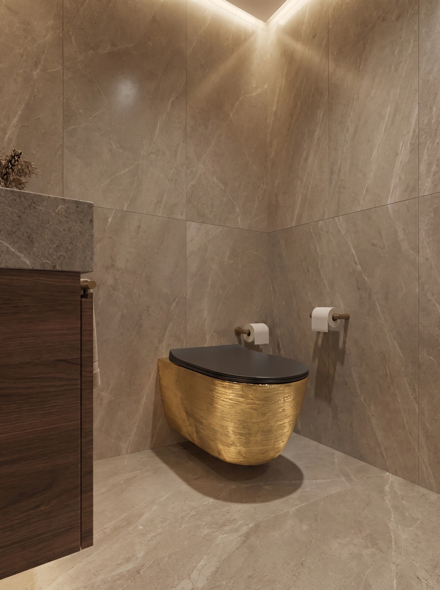 Wall-hung toilet with bidet spray and gold-finish shut-off valve.