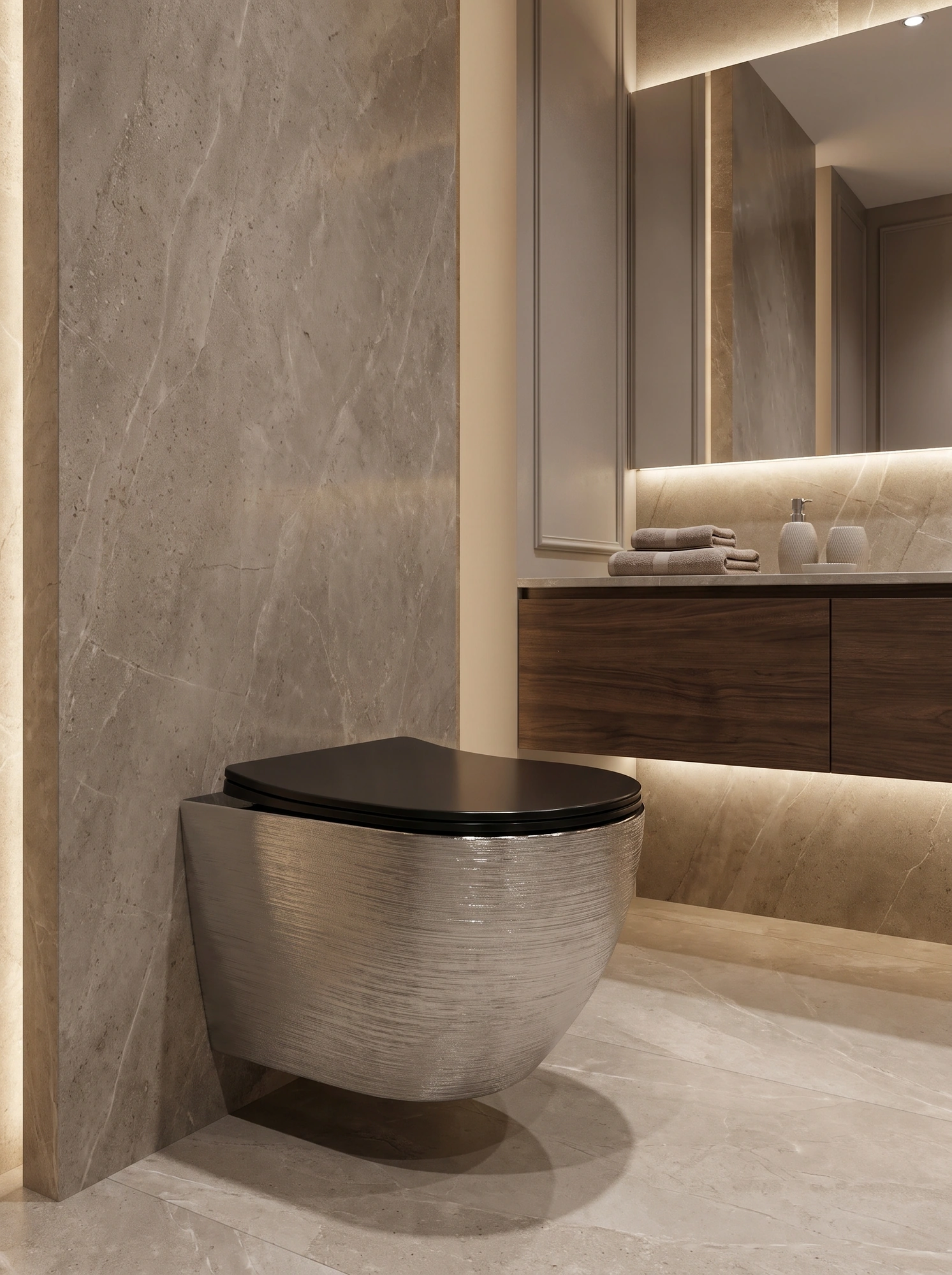 Wall-hung toilet with bidet spray and silver-finish shut-off valve.