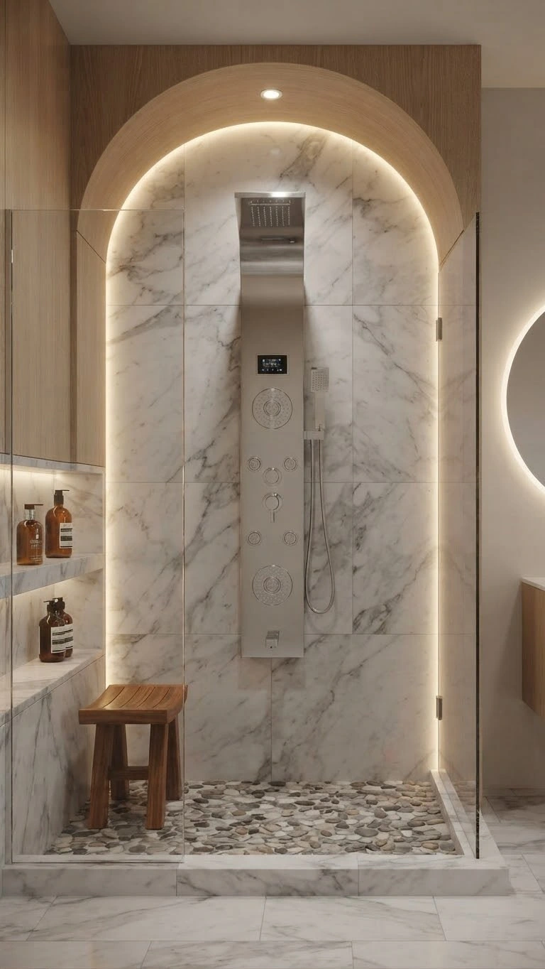 A shower panel system featuring LED lighting and a digital display, a rainfall showerhead