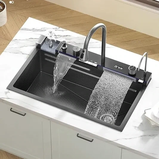 Smart Digital Kitchen Sink (75x46 cm) – 5-Button Control, Display, LED Lighting, and Dual Waterfall Features