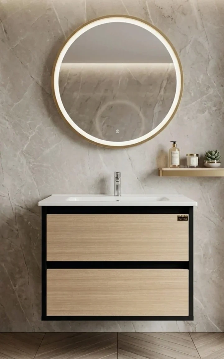 DOVVO black bathroom unit with two wooden beige drawers, 80*50 cm, with white sink from
