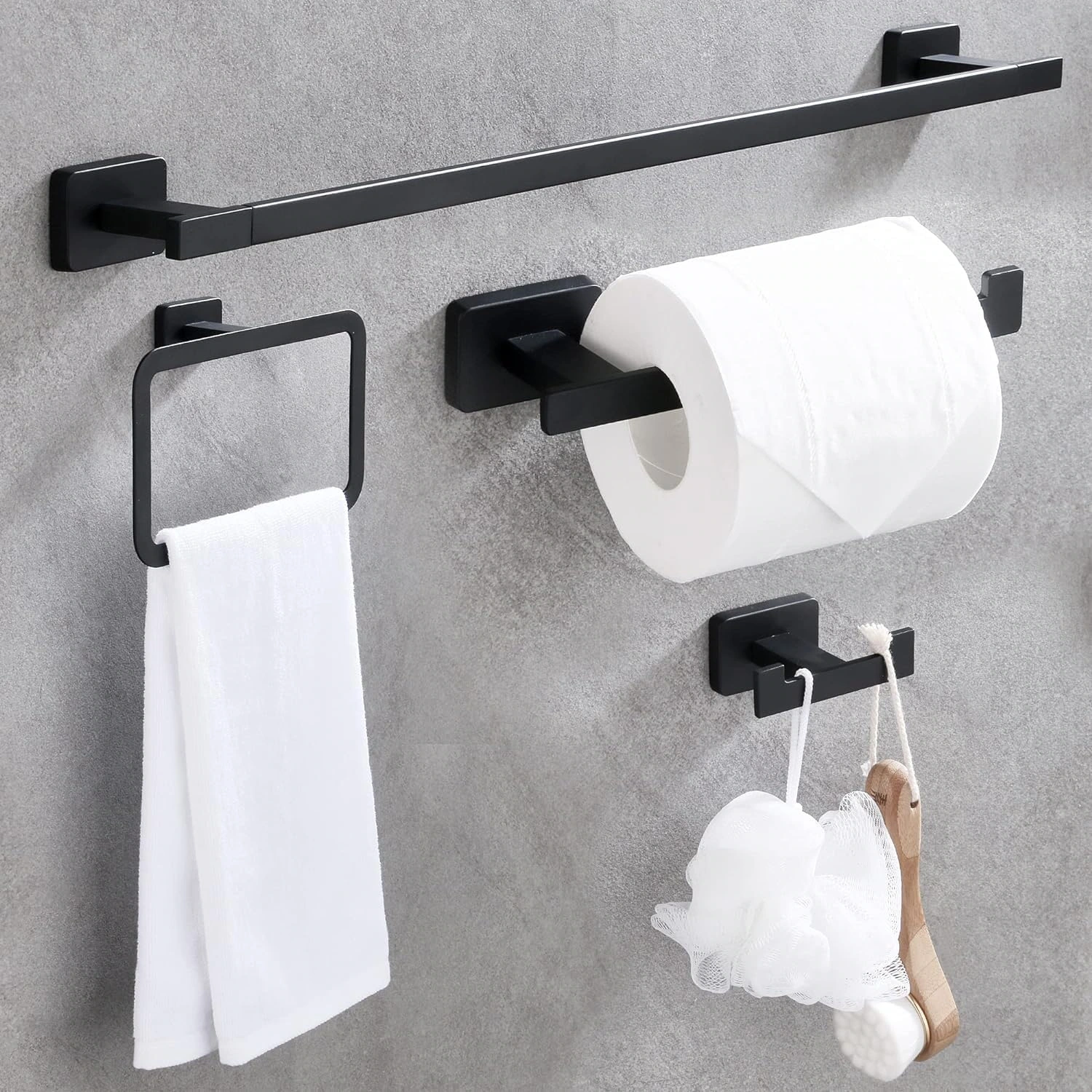 SUS304 Rust-Resistant Stainless Steel Bathroom Hardware Set – Includes Hand Towel Bar, Toilet Paper Holder, Towel Ring, and Robe Hook – Wall-Mounted Bathroom Accessories – 4-Piece Set, Matte Black, 24-Inch