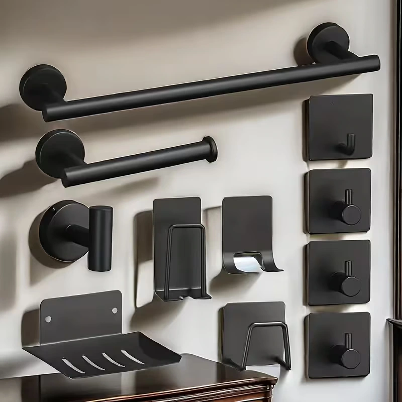 11-Piece Stainless Steel Bathroom Accessory Set – Modern Black and Silver Design Featuring a Towel Bar, Paper Holder, Soap Dish, and Hooks for Comprehensive Organization