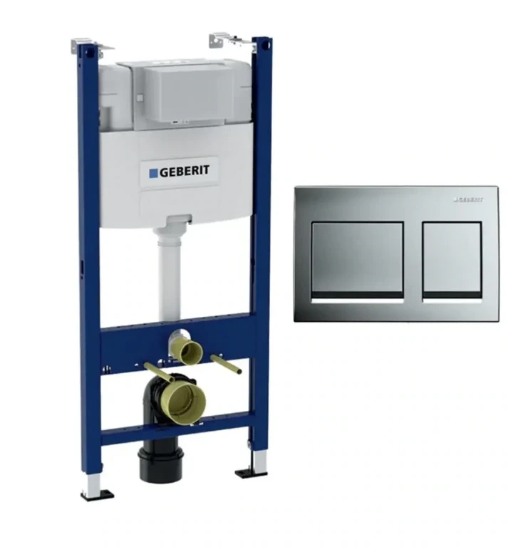 Complete German-made in-wall concealed cistern system by Geberit (Omni Duofix Alpha Line). Includes the concealed tank, mounting frame, square chrome flush plate, and installation kit.