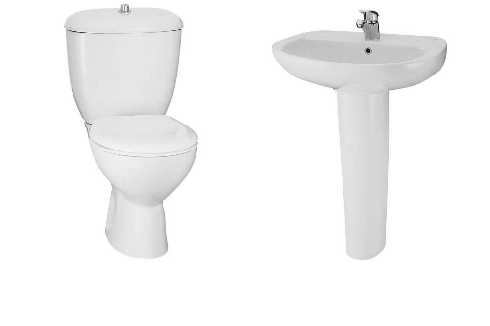 Ideal Standard white sanitary toilet set (Sofia model with standard seat) and white pedestal washbasin.